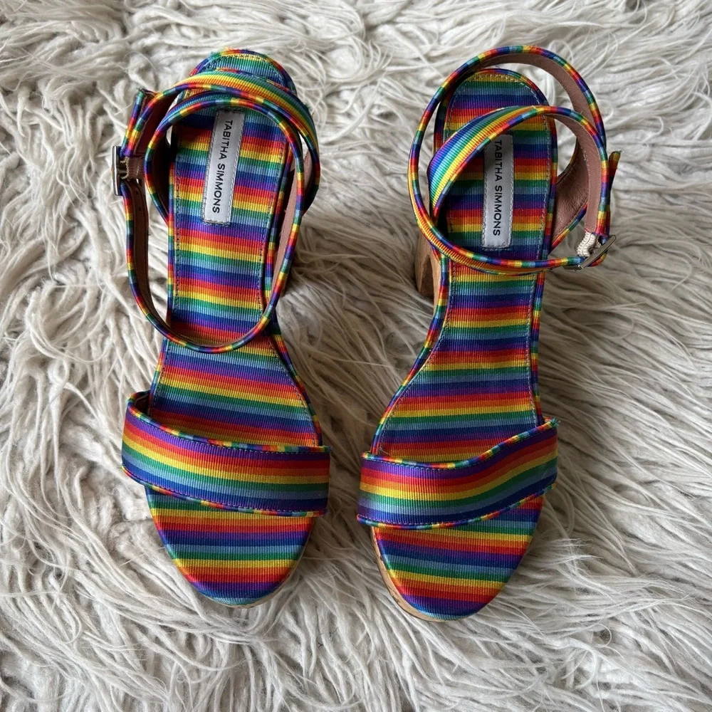 TABITHA SIMMONS Calla Rainbow Silk Ankle Strap Cork Wedge Platform Heel EUC 38.5
